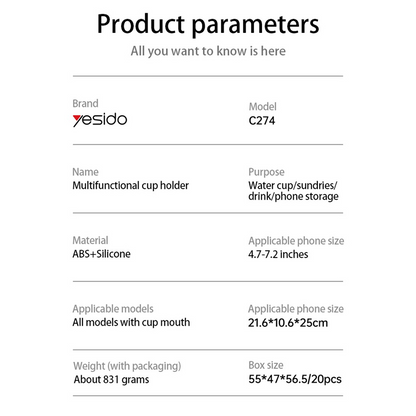 Yesido C274 Bilholder, 4,7 tommer - 7,2 tommer, Svart, Reseglet