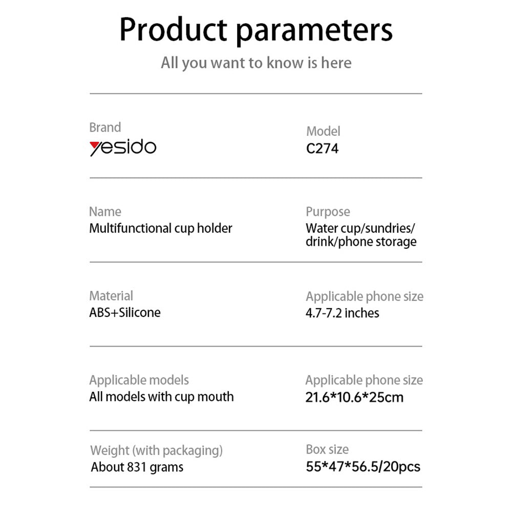 Bilholder Yesido C274, 4.7 tommer - 7.2 tommer, Svart
