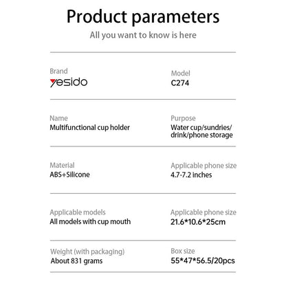 Bilholder Yesido C274, 4.7 tommer - 7.2 tommer, Svart