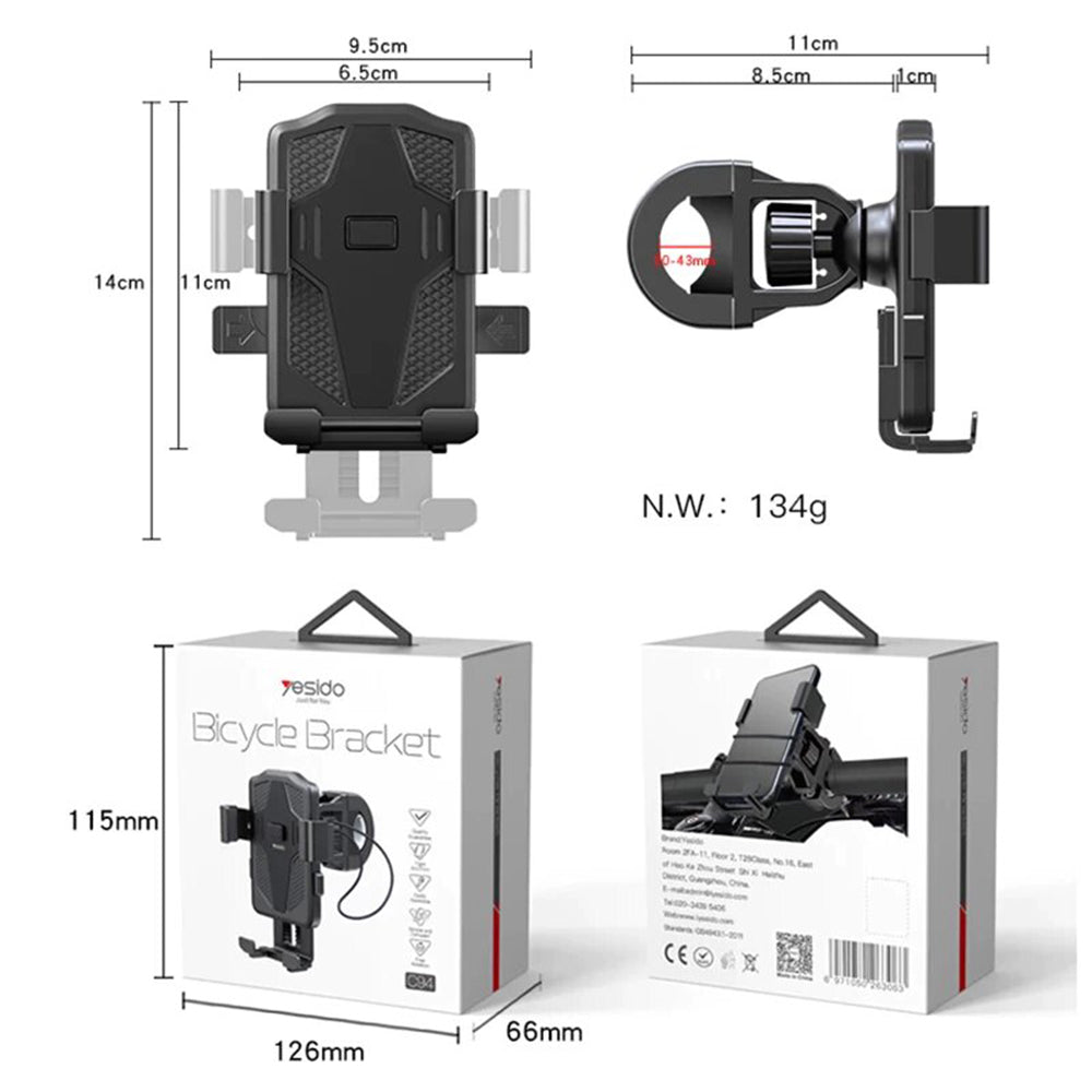 Sykkelholder Yesido C94, 4 tommer - 6,5 tommer, Svart
