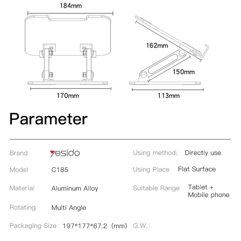 Yesido C185 kontorstøtte, 4.5 tommer - 13 tommer, Sølv