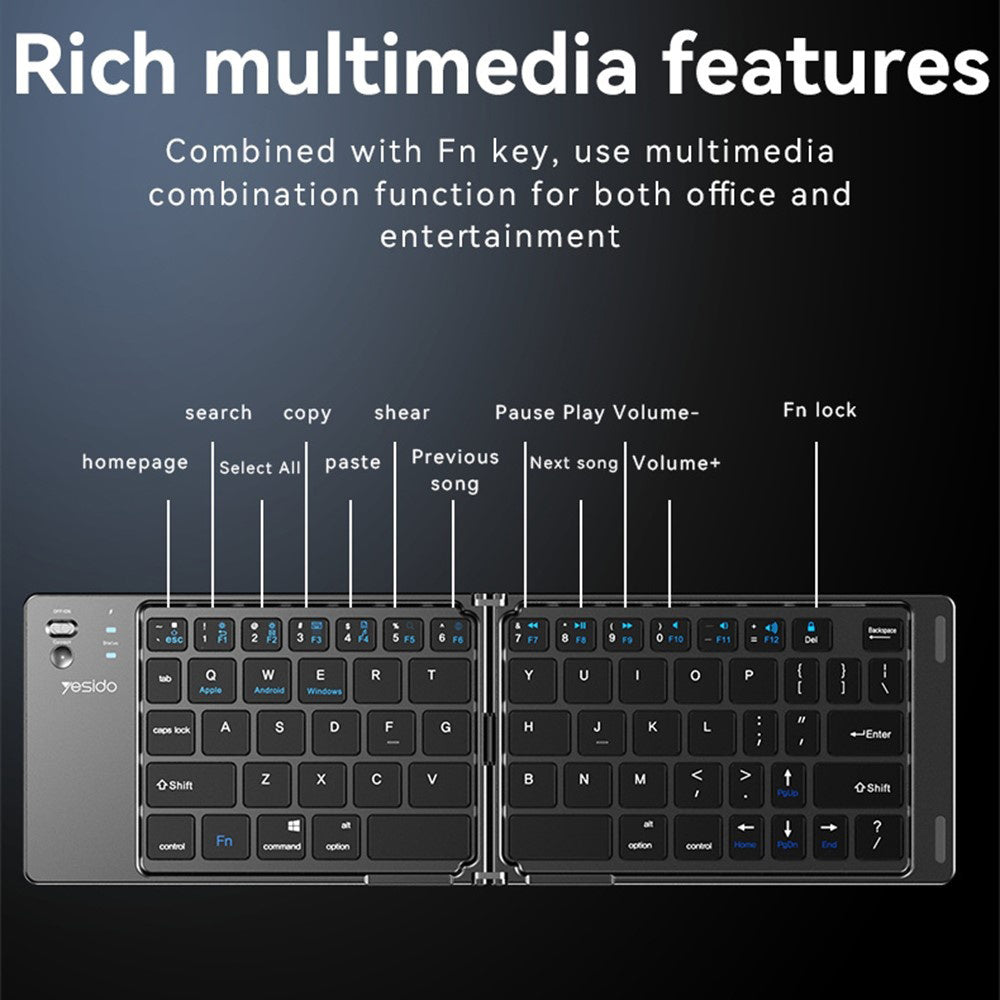 Sammenleggbar Bluetooth-tastatur Yesido KB27, Svart