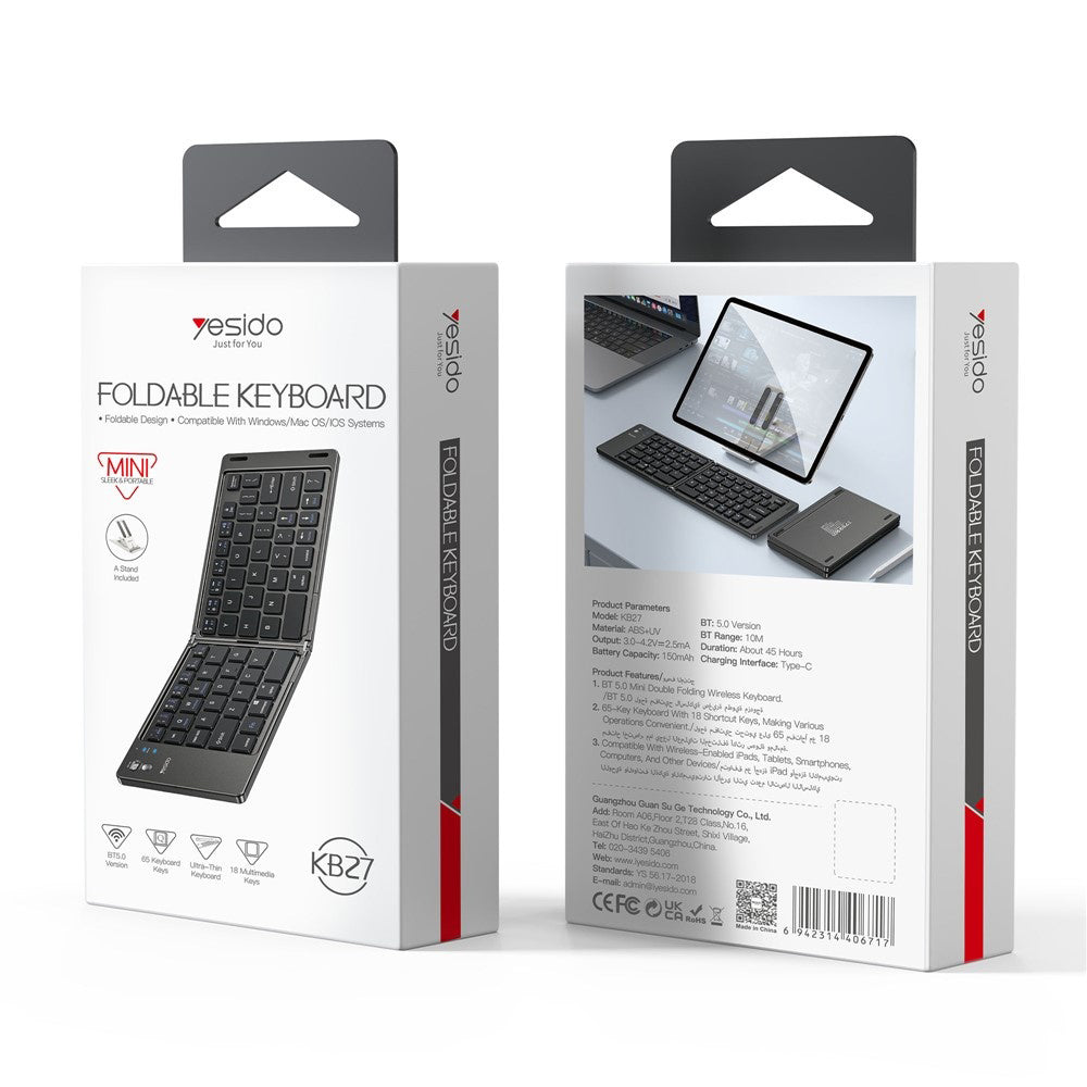 Sammenleggbar Bluetooth-tastatur Yesido KB27, Svart