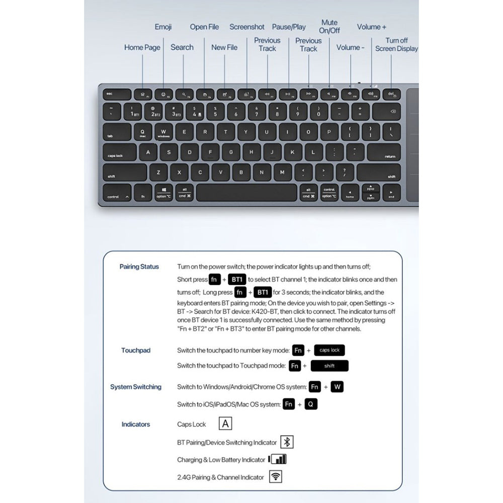 DUX DUCIS LK trådløst tastatur, BT / Wi-Fi, svart