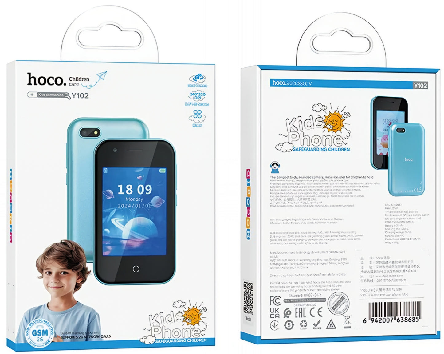 Mobiltelefon HOCO Y102 Kids, 2G, Skjerm 2.8 tommer, Blå