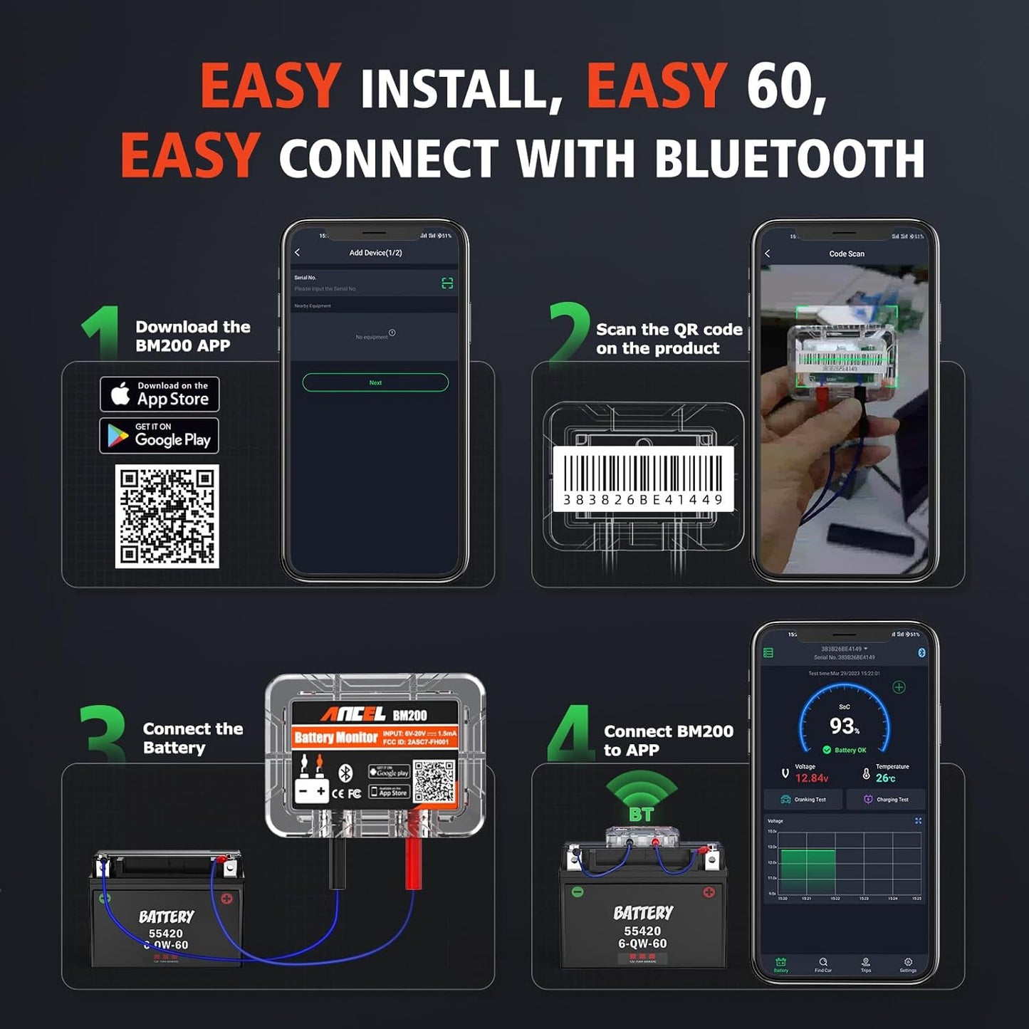 Bluetooth-tester for bilbatteriovervåking Ancel BM200